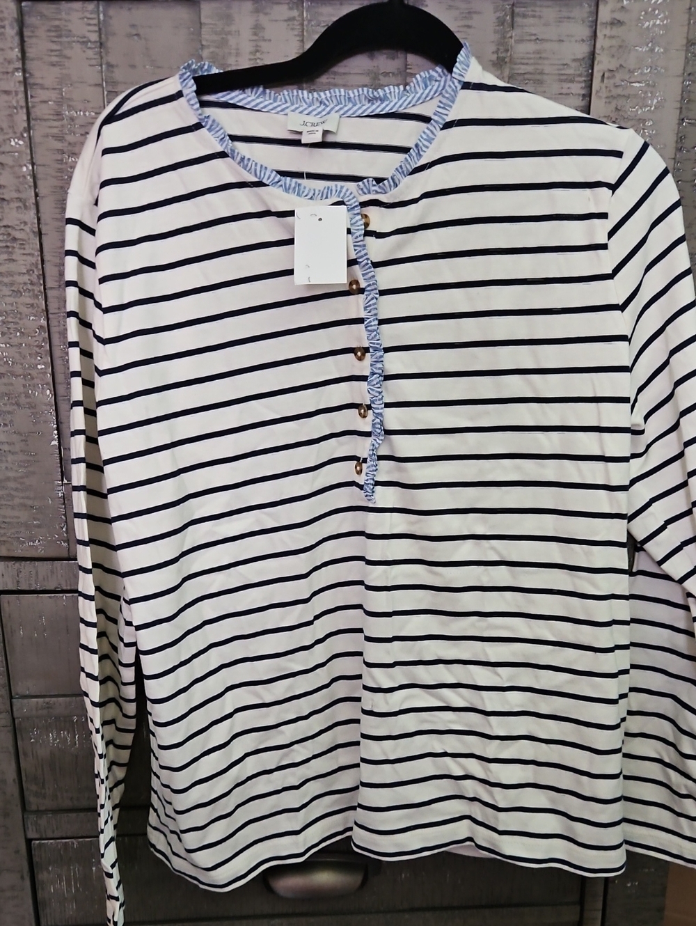 J. Crew White and Navy Striped Ruffle-Trim Long Sleeve Henley